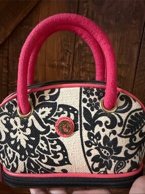 Spartina 449 Black and Cream Floral Satchel with Pink Handles